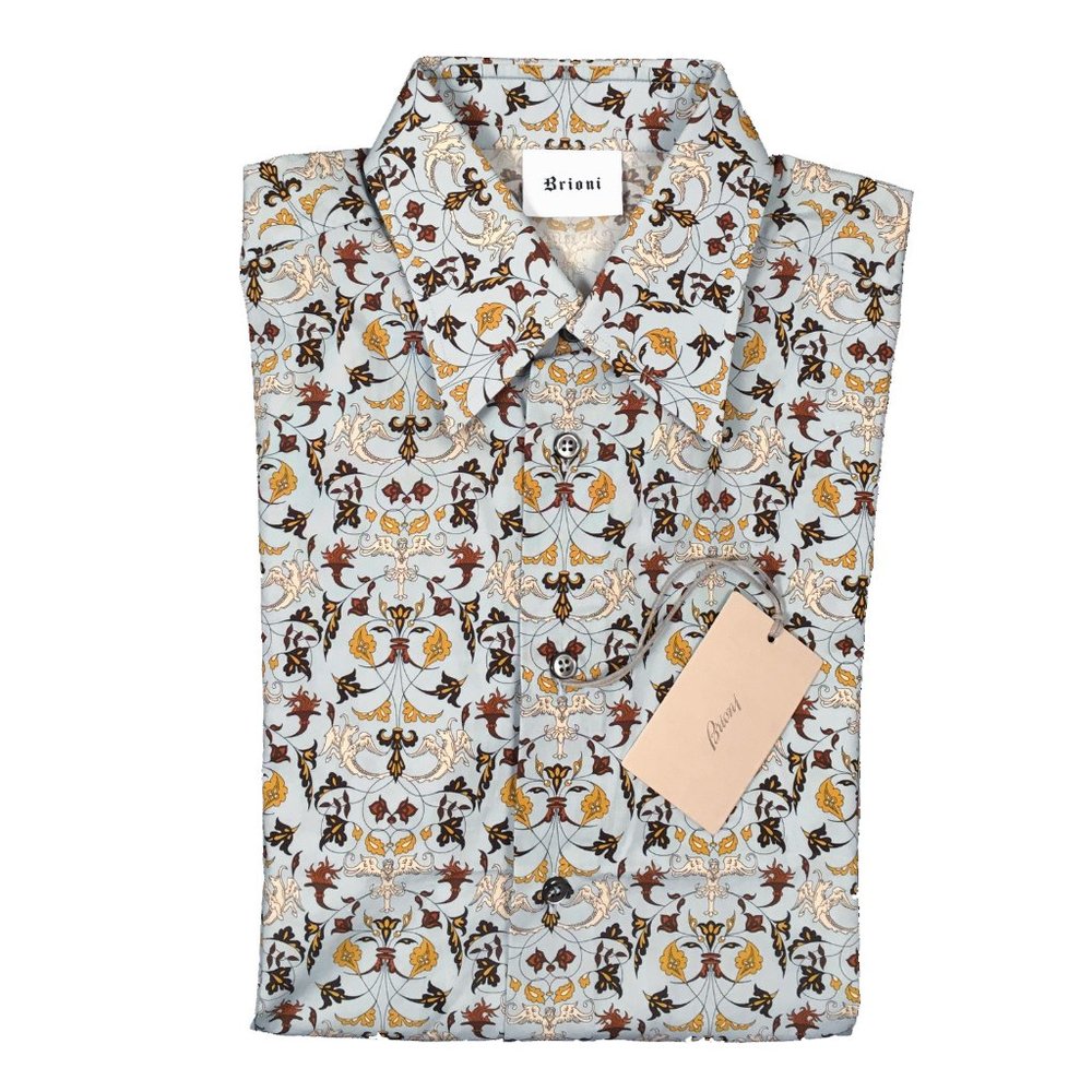NEW $695 Brioni Fine Cotton Shirt!  XS  Light Blue With Medieval Dragon Design